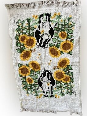 💥 Vintage Leshner Terry Cloth Dish Towel Country Farm Cow Sunflowers
